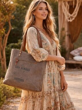 Myra Bag Black and White Hide Diamond Print Canvas Tote with Leather Straps EUC